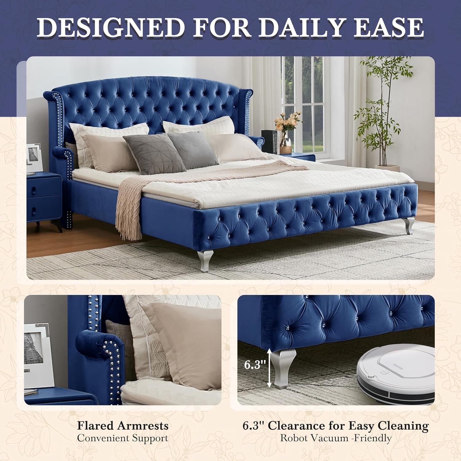 image:imageChristopher Knight Home Averil Modern King Size Platform Bed Frame with Velvet Upholstered Headboard Wooden King Size Bed Frame with Wingback Headboard No Box Spring Needed Easy Assembly CreamNavy Blue