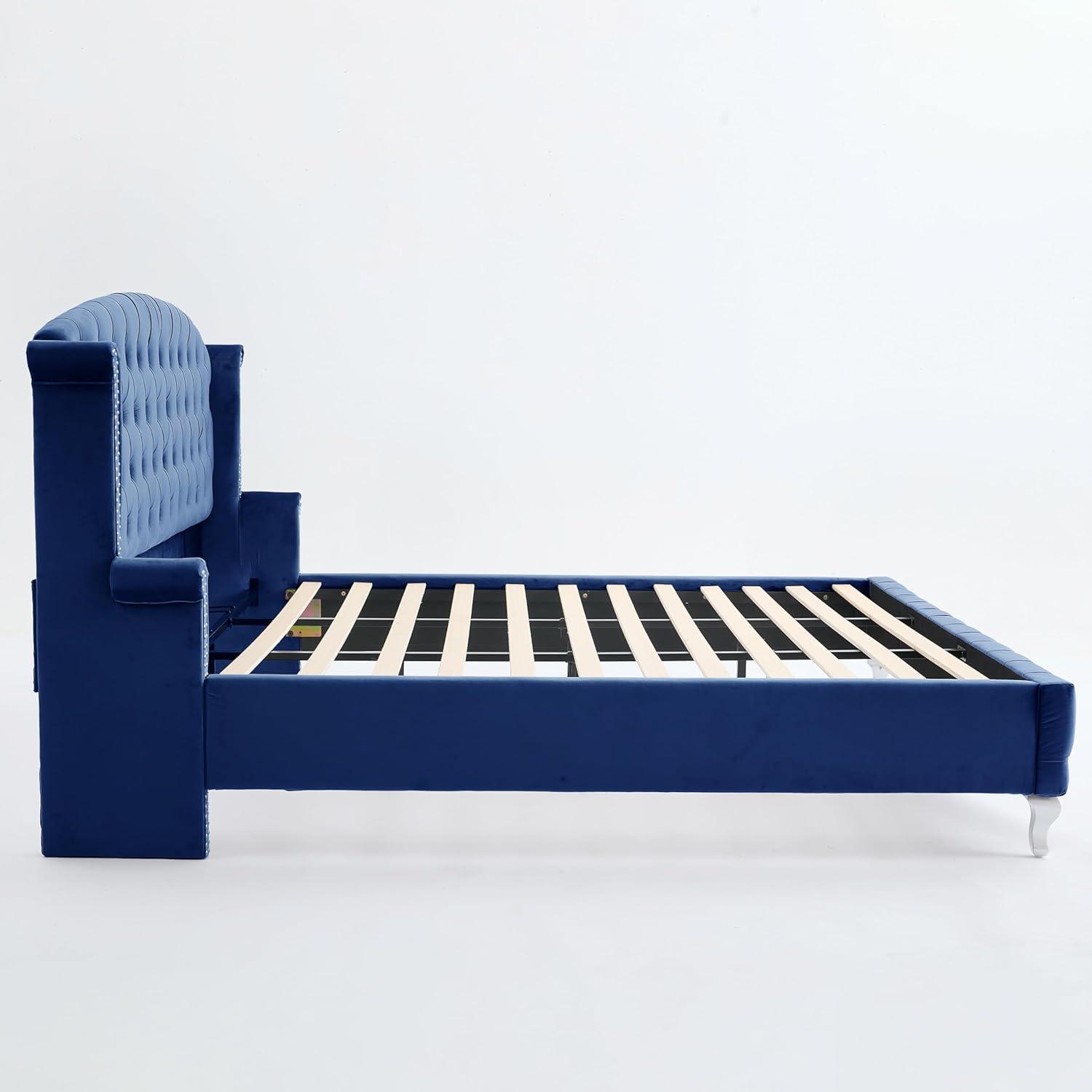 image:imageChristopher Knight Home Averil Modern King Size Platform Bed Frame with Velvet Upholstered Headboard Wooden King Size Bed Frame with Wingback Headboard No Box Spring Needed Easy Assembly CreamNavy Blue