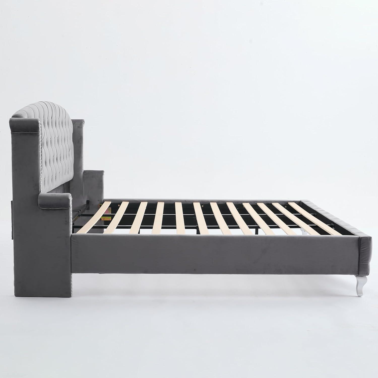image:imageChristopher Knight Home Averil Modern King Size Platform Bed Frame with Velvet Upholstered Headboard Wooden King Size Bed Frame with Wingback Headboard No Box Spring Needed Easy Assembly CreamDark Grey