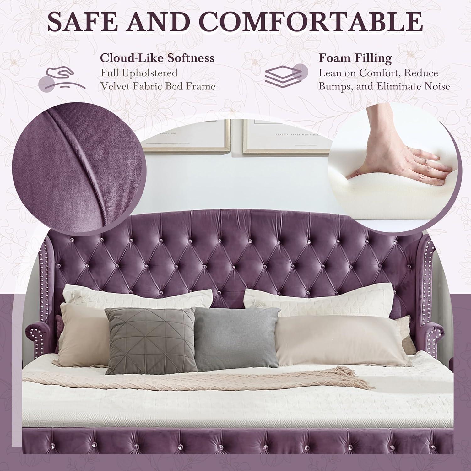 image:imageChristopher Knight Home Averil Modern King Size Platform Bed Frame with Velvet Upholstered Headboard Wooden King Size Bed Frame with Wingback Headboard No Box Spring Needed Easy Assembly CreamPurple
