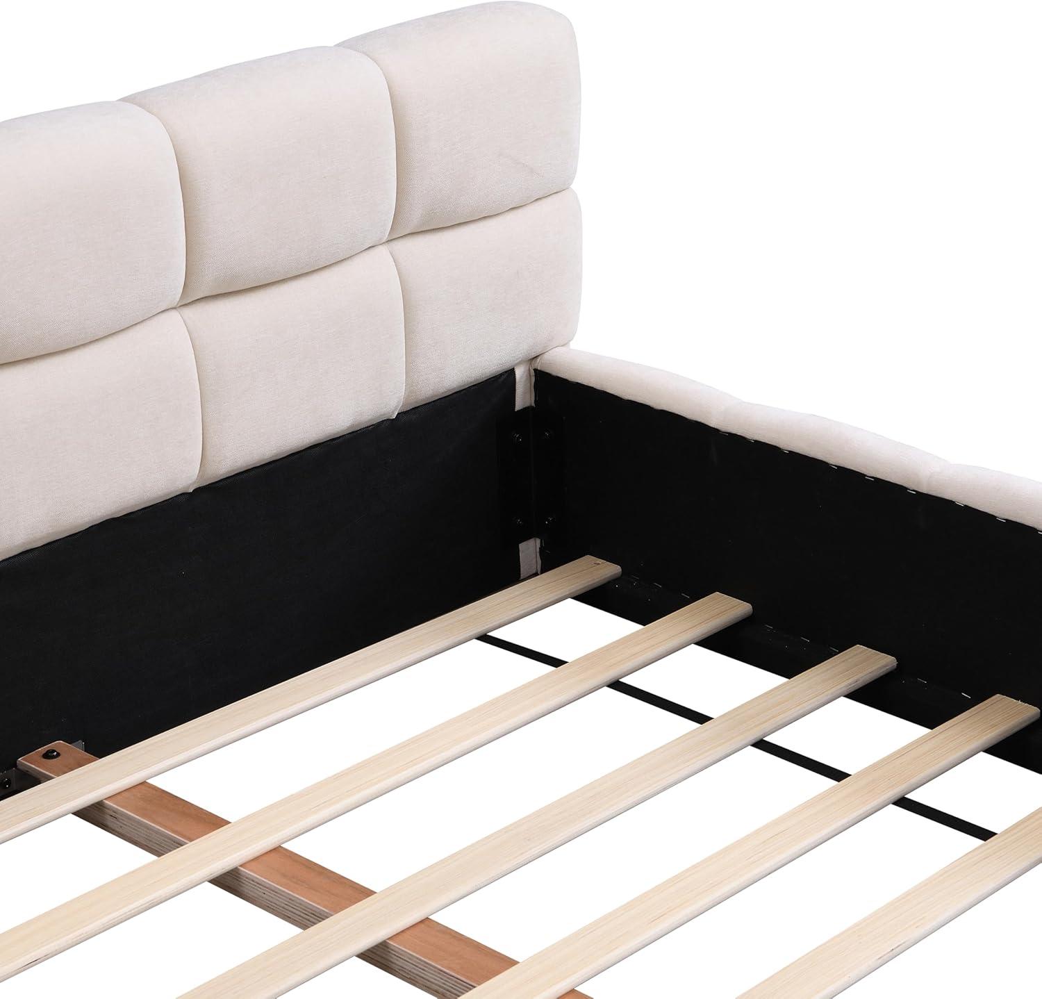image:imageChristopher Knight Home Bettine King Size Bed Frame with Checkerboard Design Headboard Elegant Chenille Upholstered Bed Wooden Slats Easy Assembly Platform Bed No Box Spring Needed Beige