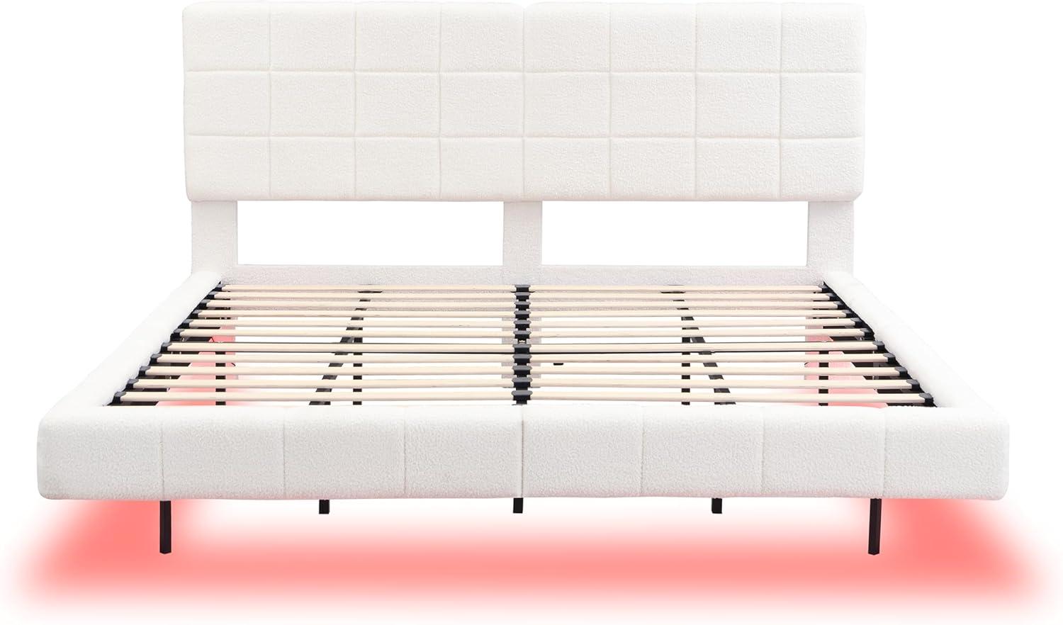 image:imageChristopher Knight Home Borden Floating Bed Frame King Size with Lights Boucle King Size Platform Bed Frame with Headboard Modern Floating King Bed Frame No Box Spring Needed Easy Assembly WhiteKing US Standard