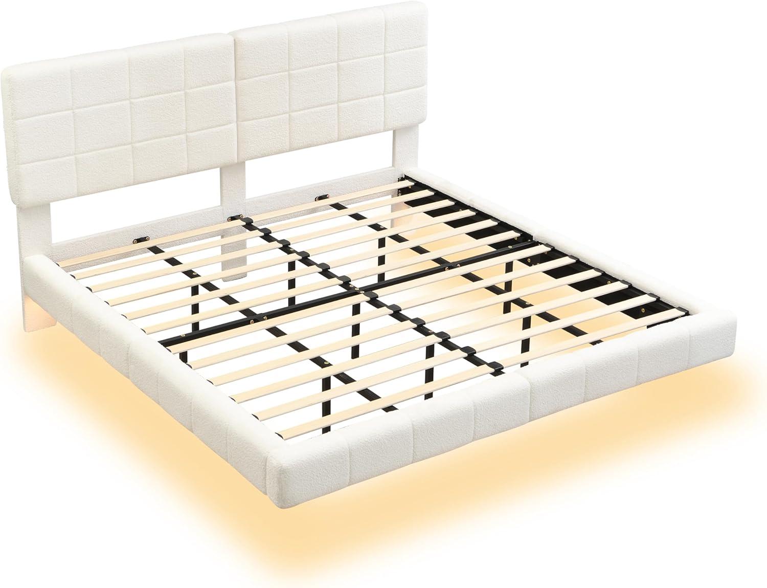 image:imageChristopher Knight Home Borden Floating Bed Frame King Size with Lights Boucle King Size Platform Bed Frame with Headboard Modern Floating King Bed Frame No Box Spring Needed Easy Assembly WhiteKing US Standard