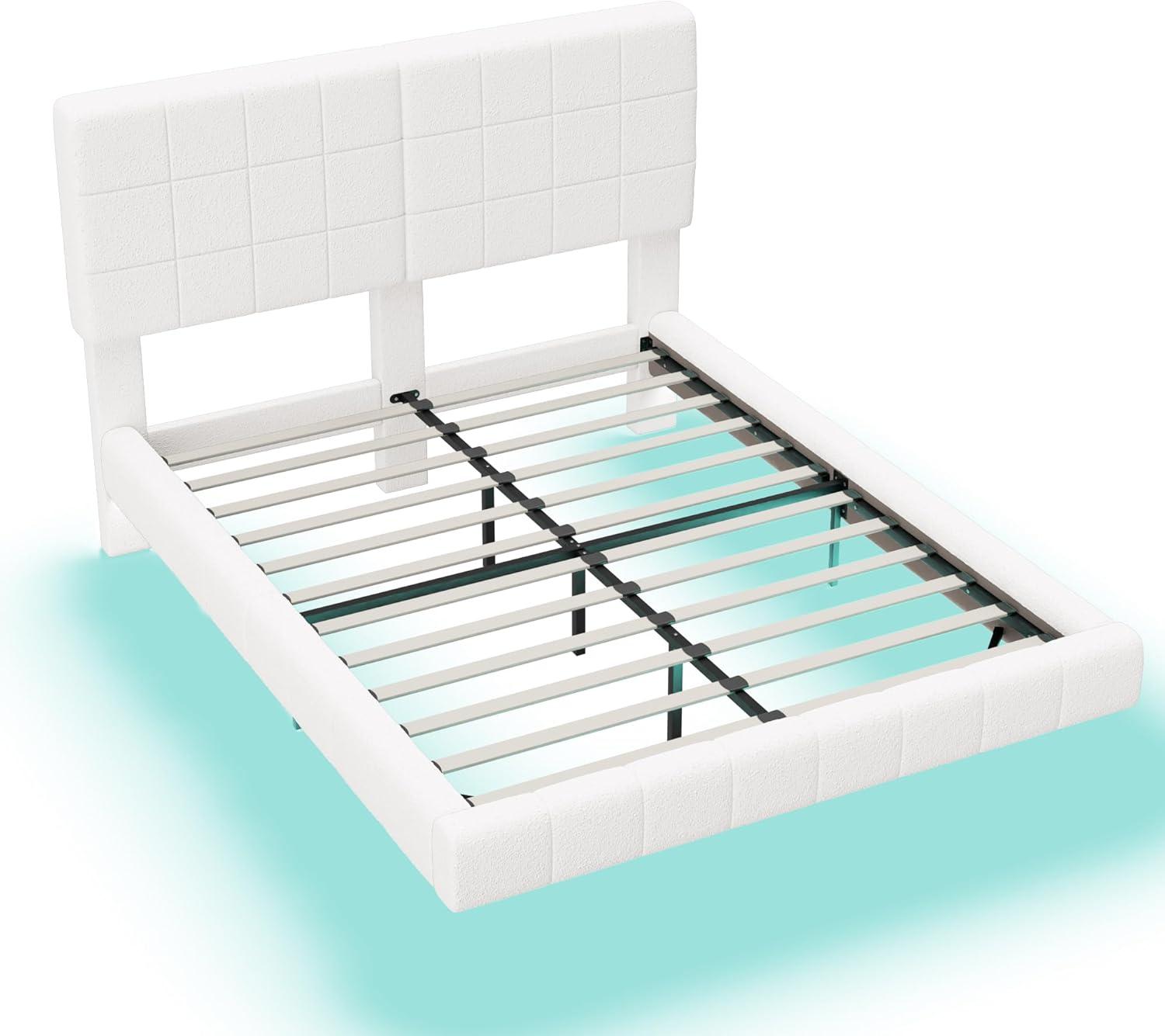 image:imageChristopher Knight Home Borden Floating Bed Frame King Size with Lights Boucle King Size Platform Bed Frame with Headboard Modern Floating King Bed Frame No Box Spring Needed Easy Assembly WhiteQueen US Standard