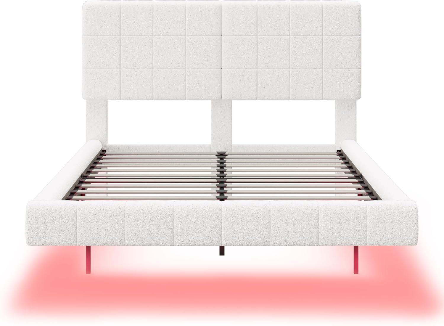 image:imageChristopher Knight Home Borden Floating Bed Frame King Size with Lights Boucle King Size Platform Bed Frame with Headboard Modern Floating King Bed Frame No Box Spring Needed Easy Assembly WhiteQueen US Standard