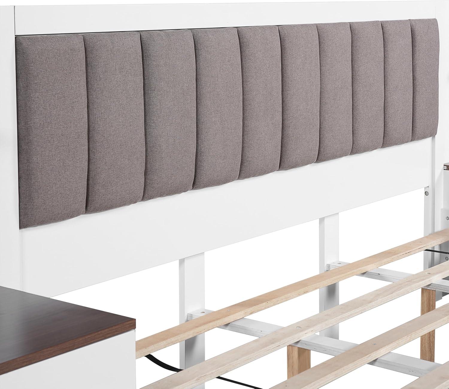 image:imageChristopher Knight Home Camille Rectangular King Size Bed Frame with Headboard Fabric Upholsteed King Bed Frame with Storage Platform Bed Frame with Nightstand No Box Spring Needed BrownWhite
