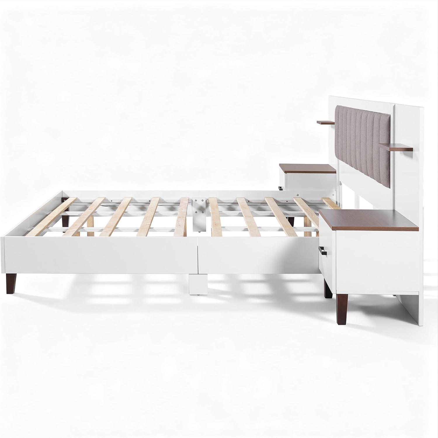 image:imageChristopher Knight Home Camille Rectangular King Size Bed Frame with Headboard Fabric Upholsteed King Bed Frame with Storage Platform Bed Frame with Nightstand No Box Spring Needed BrownWhite