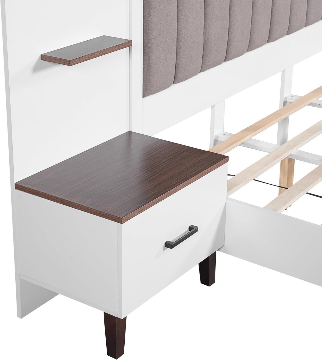 image:imageChristopher Knight Home Camille Rectangular Queen Bed Frame with Headboard Fabric Upholsteed Queen Size Bed Frame with Storage Platform Bed Frame with Nightstand No Box Spring Needed BrownWhite