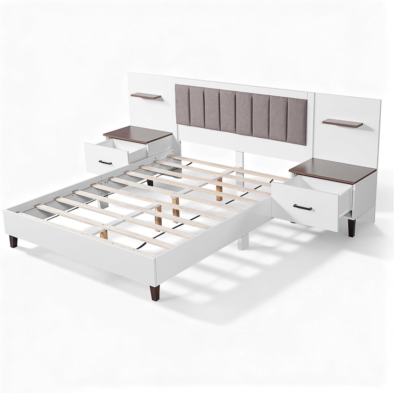 image:imageChristopher Knight Home Camille Rectangular Queen Bed Frame with Headboard Fabric Upholsteed Queen Size Bed Frame with Storage Platform Bed Frame with Nightstand No Box Spring Needed BrownWhite