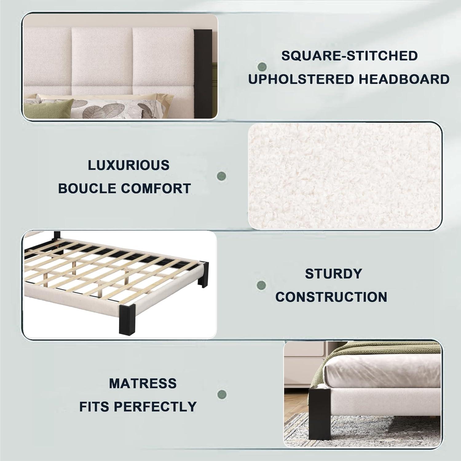 image:imageChristopher Knight Home Fizz Boucle Upholstered King Size Bed Frame Wood Cal King Bed Frame and Headboard Solid and Stable Bedframe No Box Spring Needed Noise Free King Platform Bed BeigeBlackKing Size