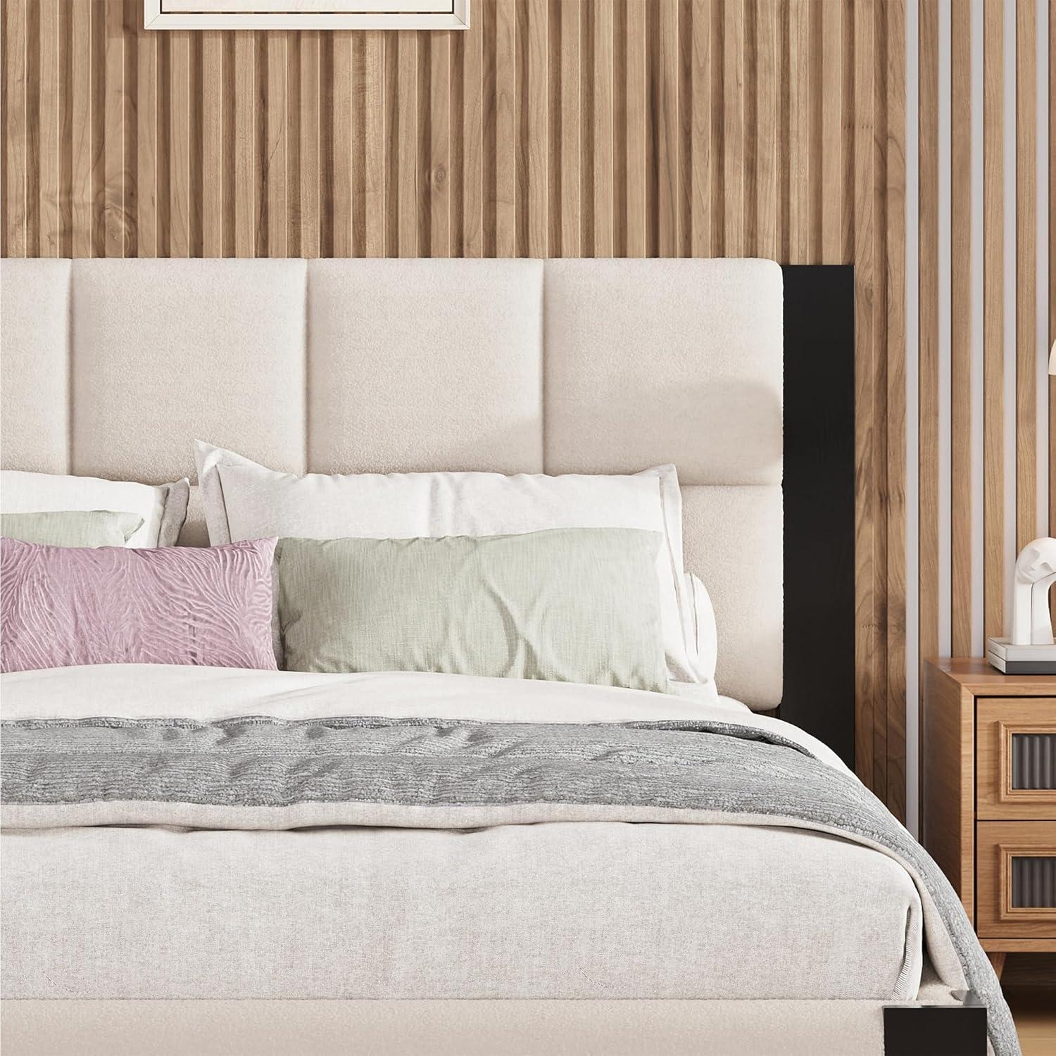 image:imageChristopher Knight Home Fizz Boucle Upholstered King Size Bed Frame Wood Cal King Bed Frame and Headboard Solid and Stable Bedframe No Box Spring Needed Noise Free King Platform Bed BeigeBlackKing Size
