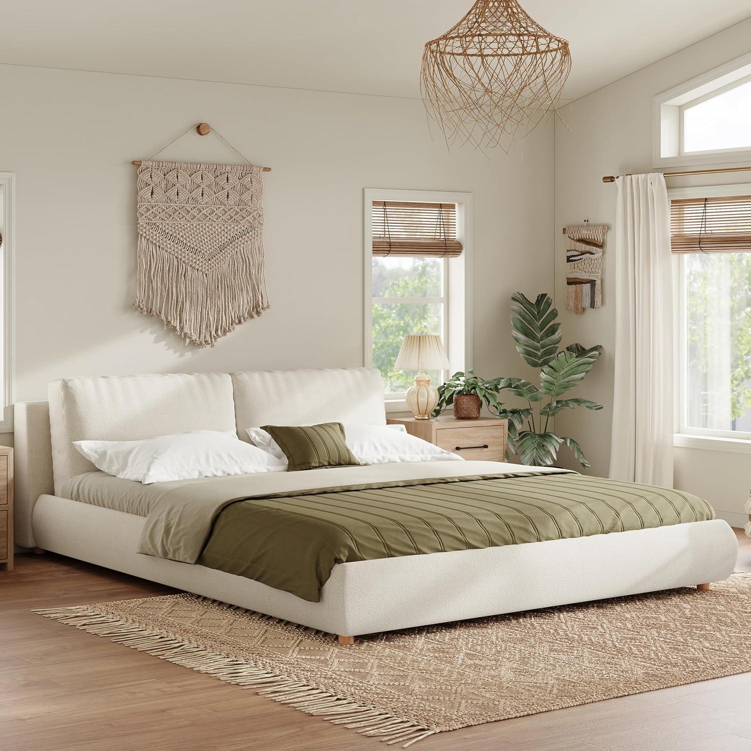 image:imageChristopher Knight Home Hazel King Size Boucle Bed King Size Headboard and Bed Frame Upholstered Boucle Headboard and Footboard Wood Slats Panel Platform Support No Box Spring Needed 500lbs White