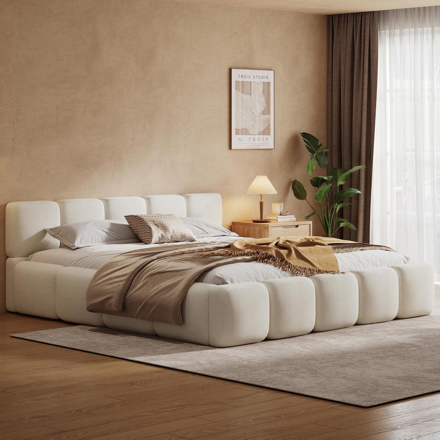image:imageChristopher Knight Home Hazel King Size Platform Bed Linen Thick Headboard and Footboard Upholstery Grounded Beds Block Style Wood Slat Panel Support No Spring Box Needed Easy Assembly GreenWhite