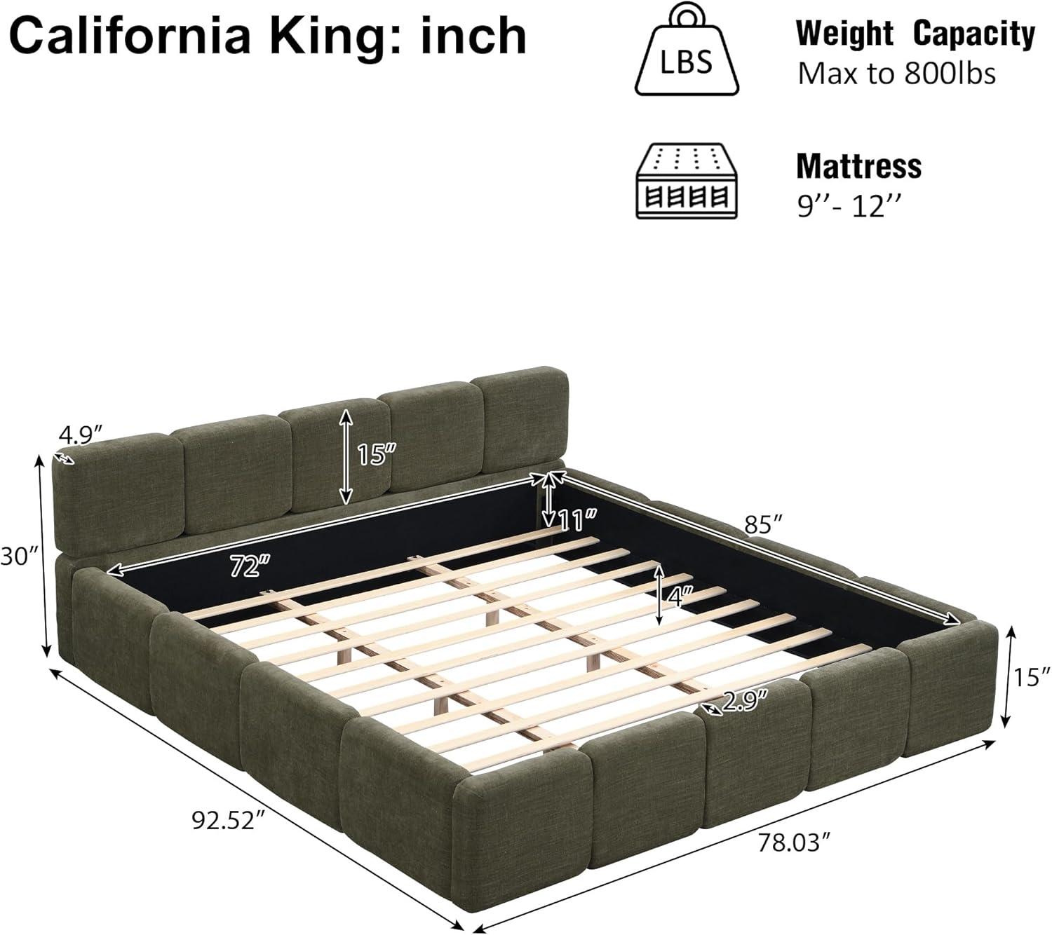 image:imageChristopher Knight Home Hazel King Size Platform Bed Linen Thick Headboard and Footboard Upholstery Grounded Beds Block Style Wood Slat Panel Support No Spring Box Needed Easy Assembly GreenOlive Green