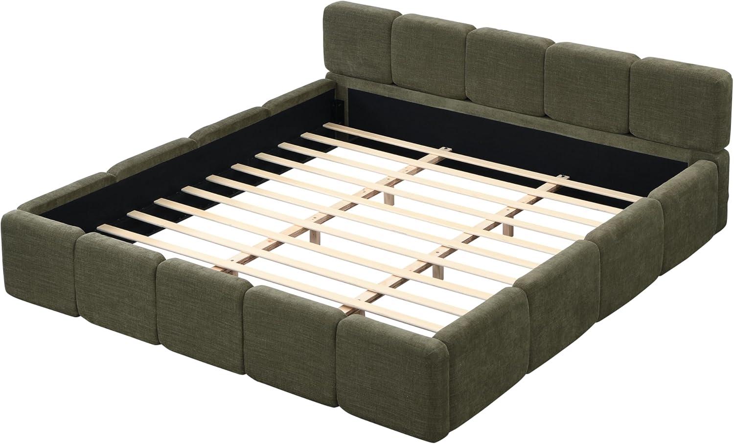 image:imageChristopher Knight Home Hazel King Size Platform Bed Linen Thick Headboard and Footboard Upholstery Grounded Beds Block Style Wood Slat Panel Support No Spring Box Needed Easy Assembly GreenOlive Green