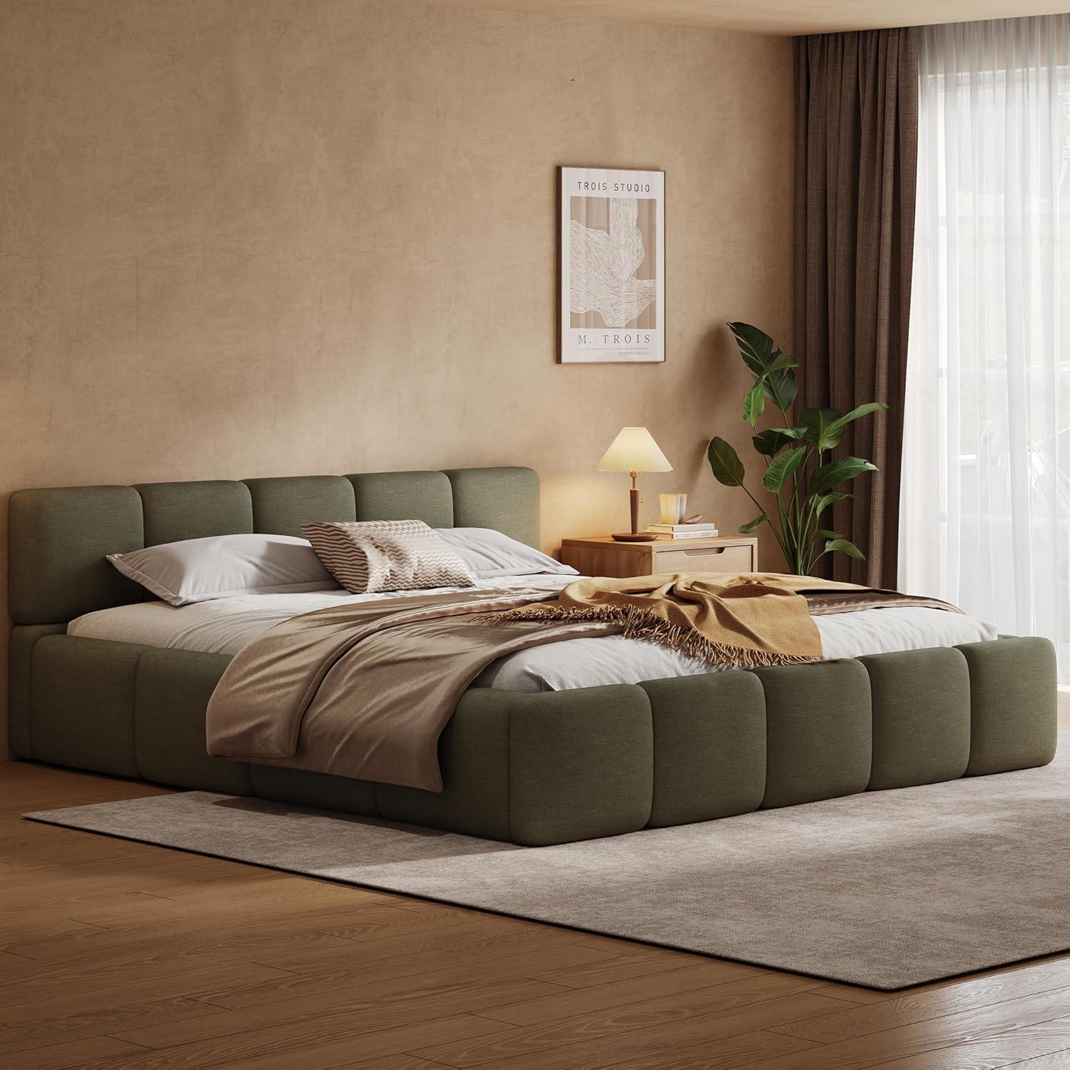 image:imageChristopher Knight Home Hazel King Size Platform Bed Linen Thick Headboard and Footboard Upholstery Grounded Beds Block Style Wood Slat Panel Support No Spring Box Needed Easy Assembly GreenOlive Green