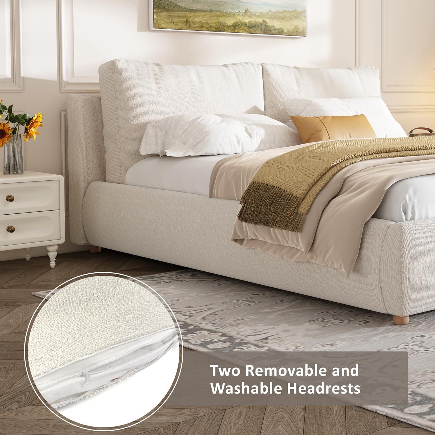 image:imageChristopher Knight Home Hazel Queen Size Bed Frame Upholstered Platform Bed Soft Boucle Queen Headboard Removable Pillows Headboard Wood Slats Support No Box Spring Needed Easy Assembly White