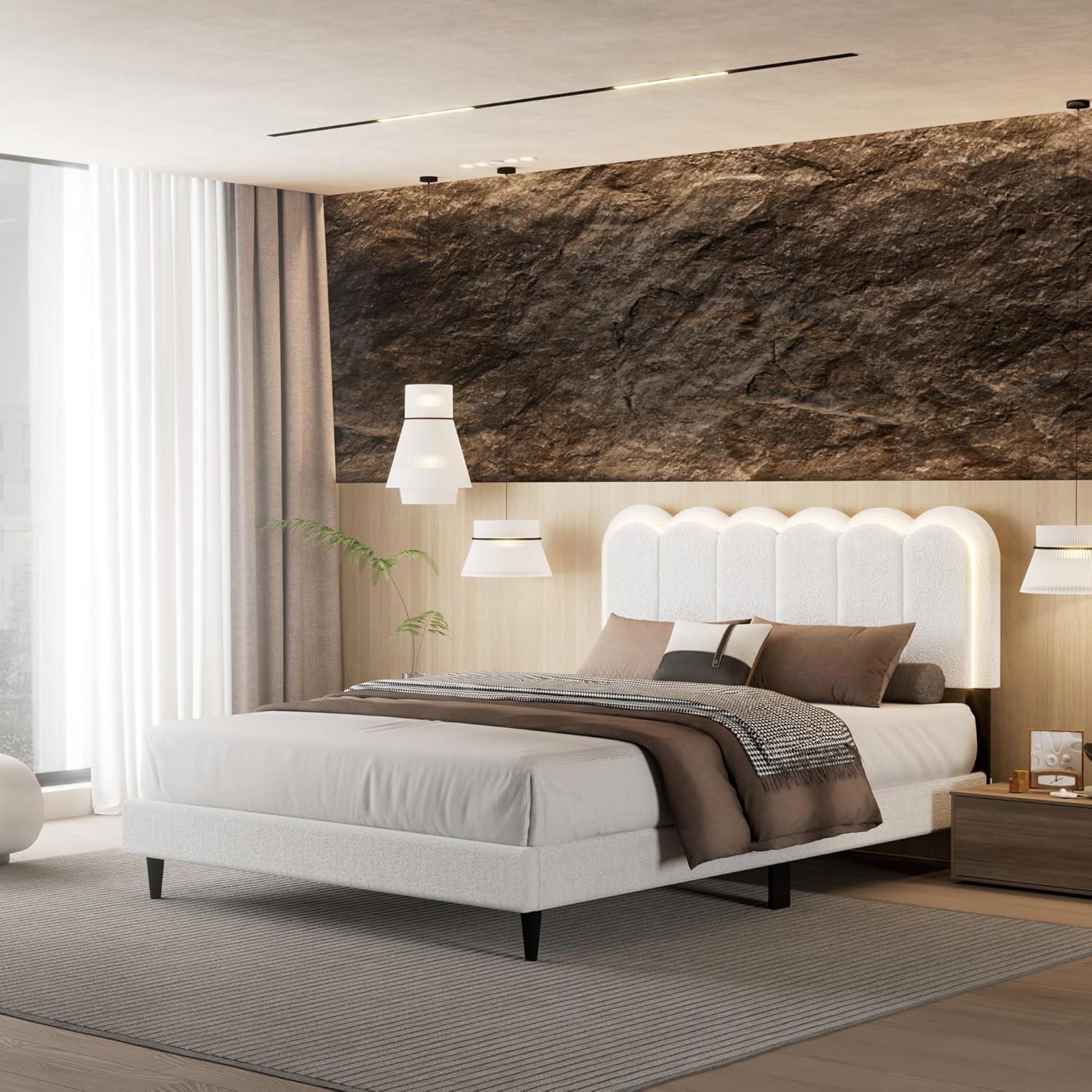 image:imageChristopher Knight Home Lattie Lambswool Upholstered Queen Size Bed Frame with Light Modern Bed Frame Queen Size with Headboard Wooden Slats Easy Assembly No Box Spring Needed WhiteFull
