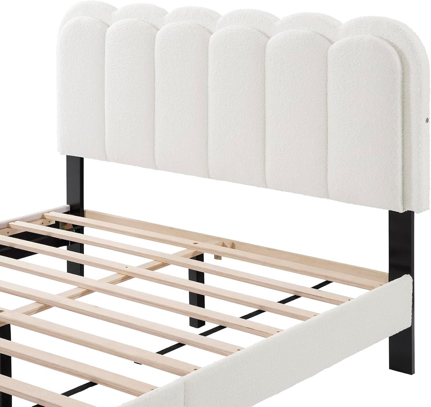 image:imageChristopher Knight Home Lattie Lambswool Upholstered Queen Size Bed Frame with Light Modern Bed Frame Queen Size with Headboard Wooden Slats Easy Assembly No Box Spring Needed WhiteFull