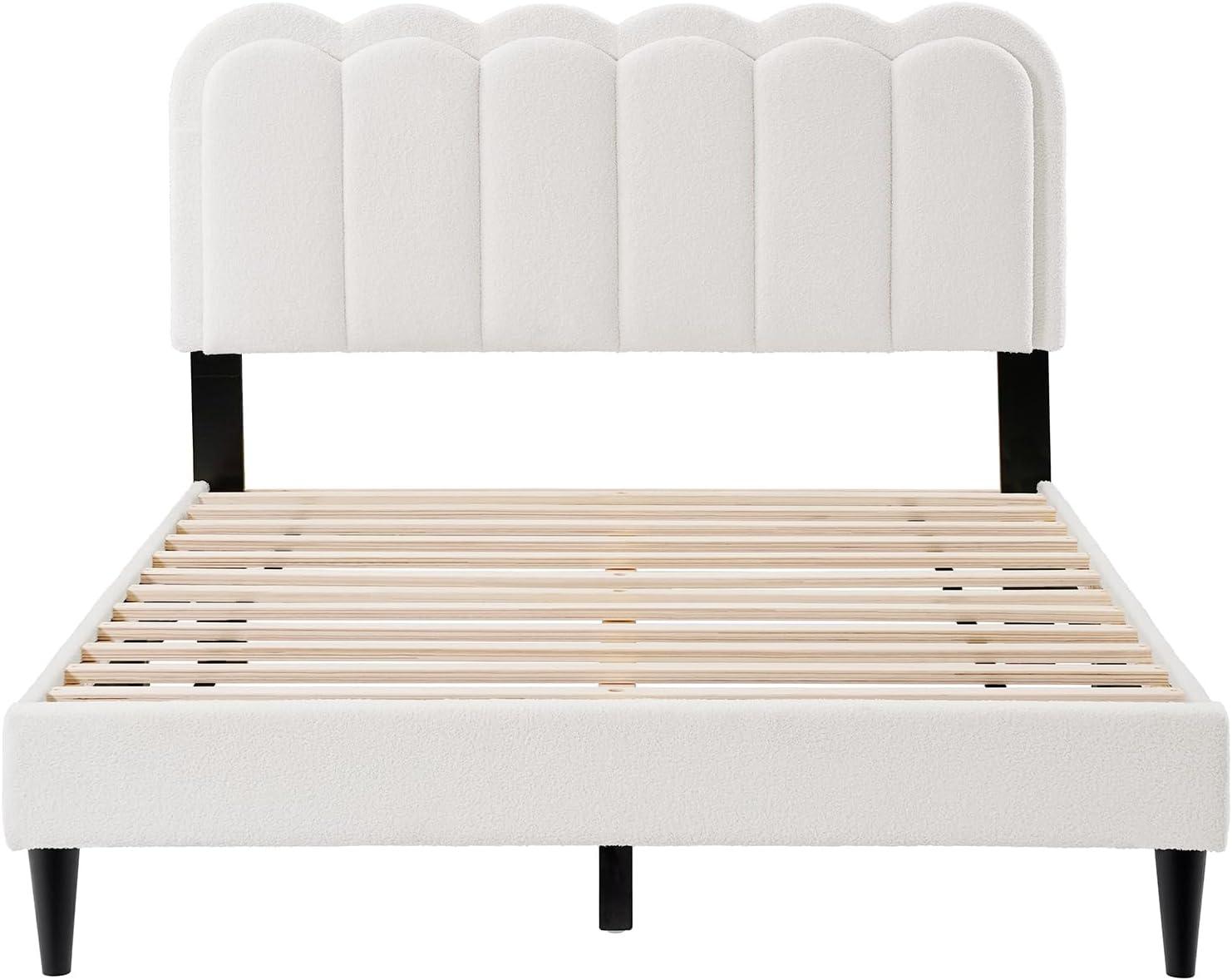image:imageChristopher Knight Home Lattie Lambswool Upholstered Queen Size Bed Frame with Light Modern Bed Frame Queen Size with Headboard Wooden Slats Easy Assembly No Box Spring Needed WhiteFull