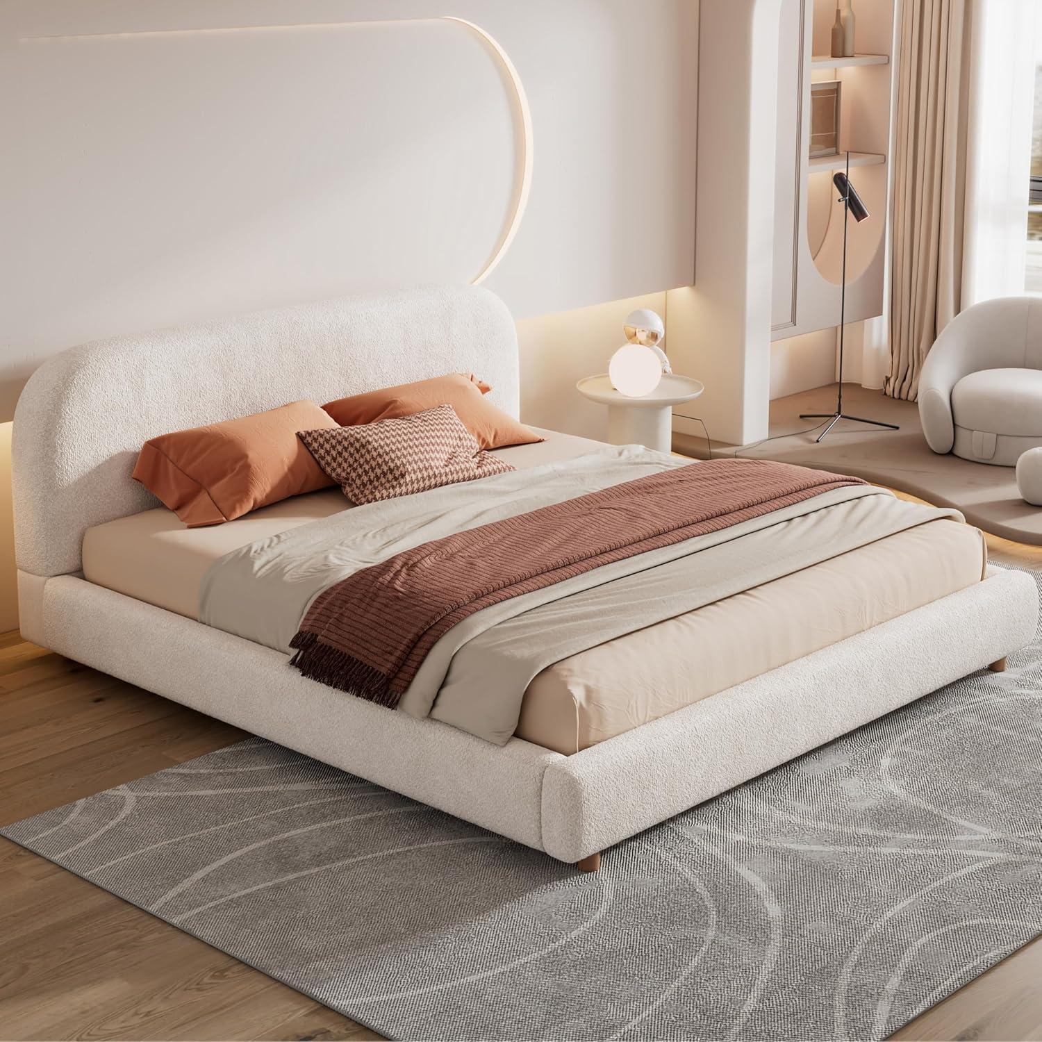 image:imageChristopher Knight Home Queen Size Platform Bed Boucle Fabric Headborad and Bed Frame Upholstered CurveShaped Queen Headboard Wood Bedpost and Slat Wood Slats Panel Support Easy Assembly WhiteWhite