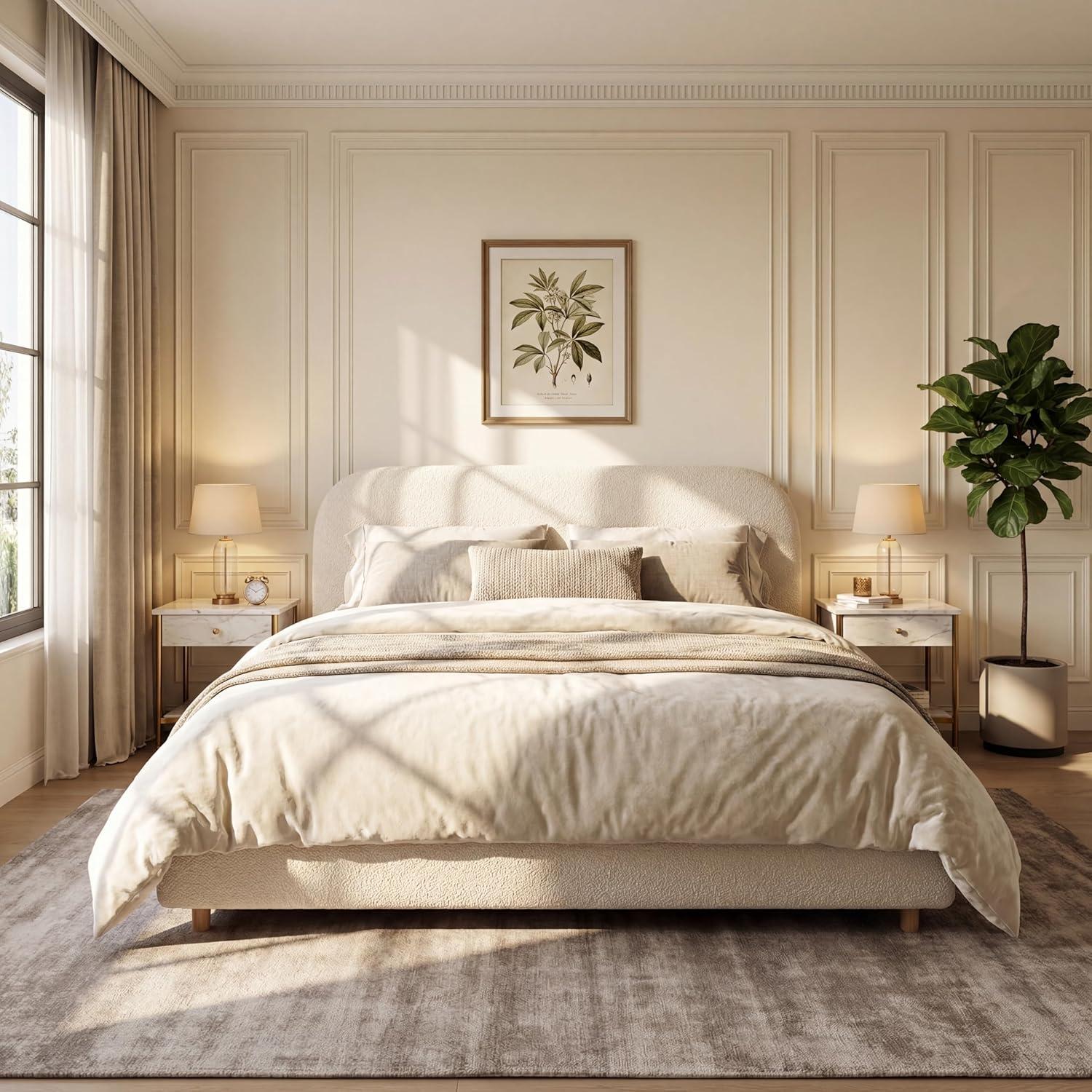 image:imageChristopher Knight Home Queen Size Platform Bed Boucle Fabric Headborad and Bed Frame Upholstered CurveShaped Queen Headboard Wood Bedpost and Slat Wood Slats Panel Support Easy Assembly WhiteWhite