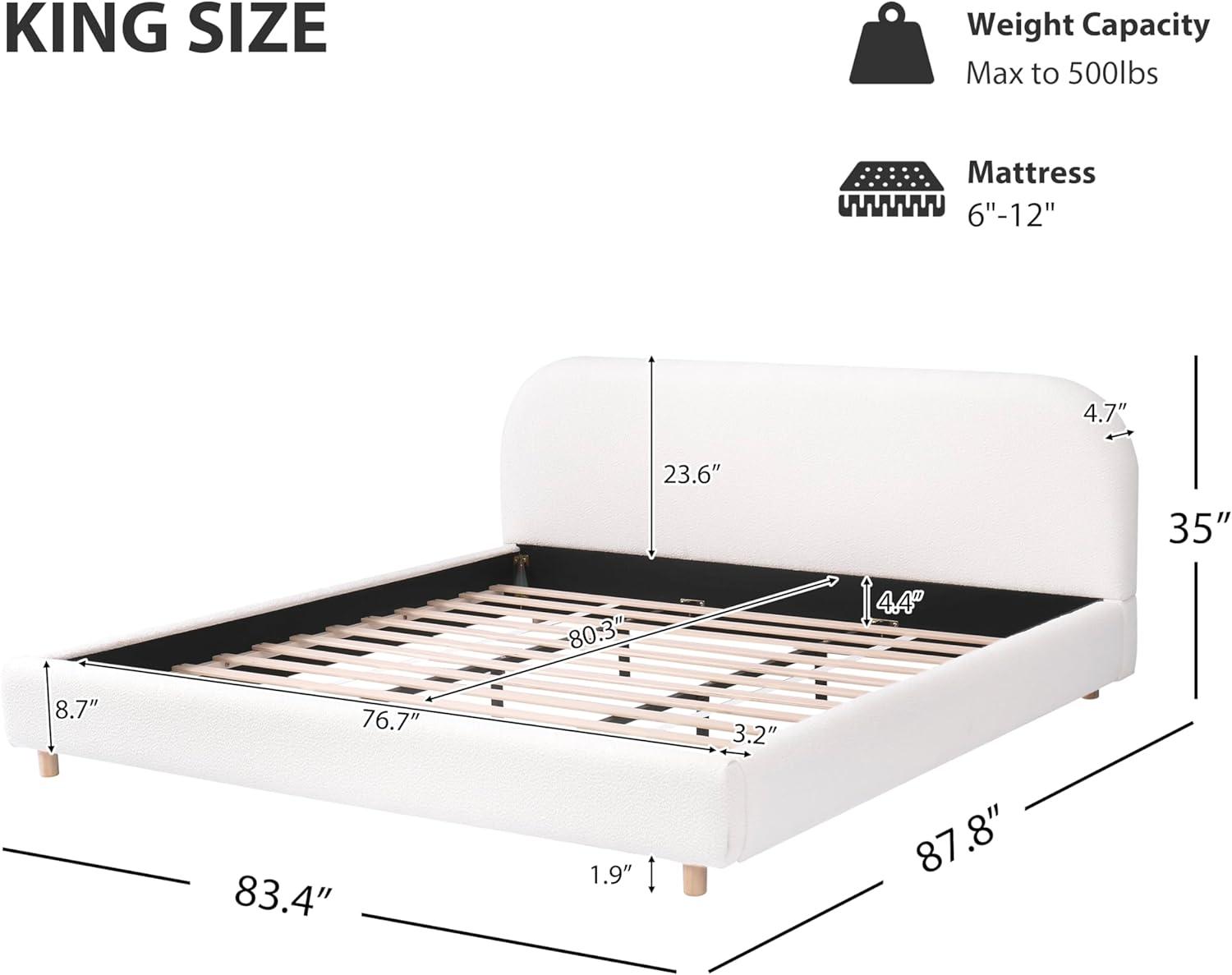 image:imageChristopher Knight Home Queen Size Platform Bed Boucle Fabric Headborad and Bed Frame Upholstered CurveShaped Queen Headboard Wood Bedpost and Slat Wood Slats Panel Support Easy Assembly WhiteWhite