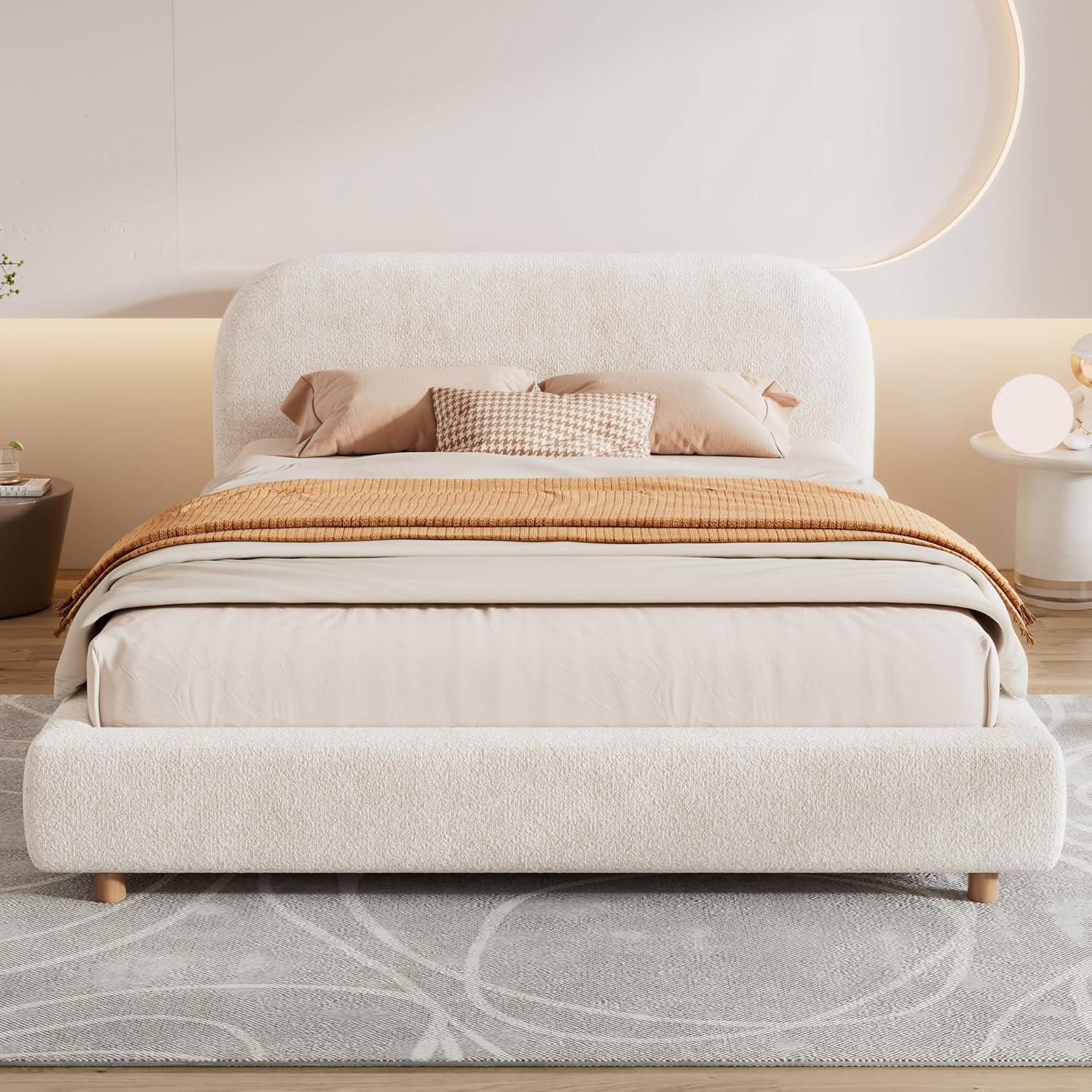 image:imageChristopher Knight Home Queen Size Platform Bed Boucle Fabric Headborad and Bed Frame Upholstered CurveShaped Queen Headboard Wood Bedpost and Slat Wood Slats Panel Support Easy Assembly WhiteWhite