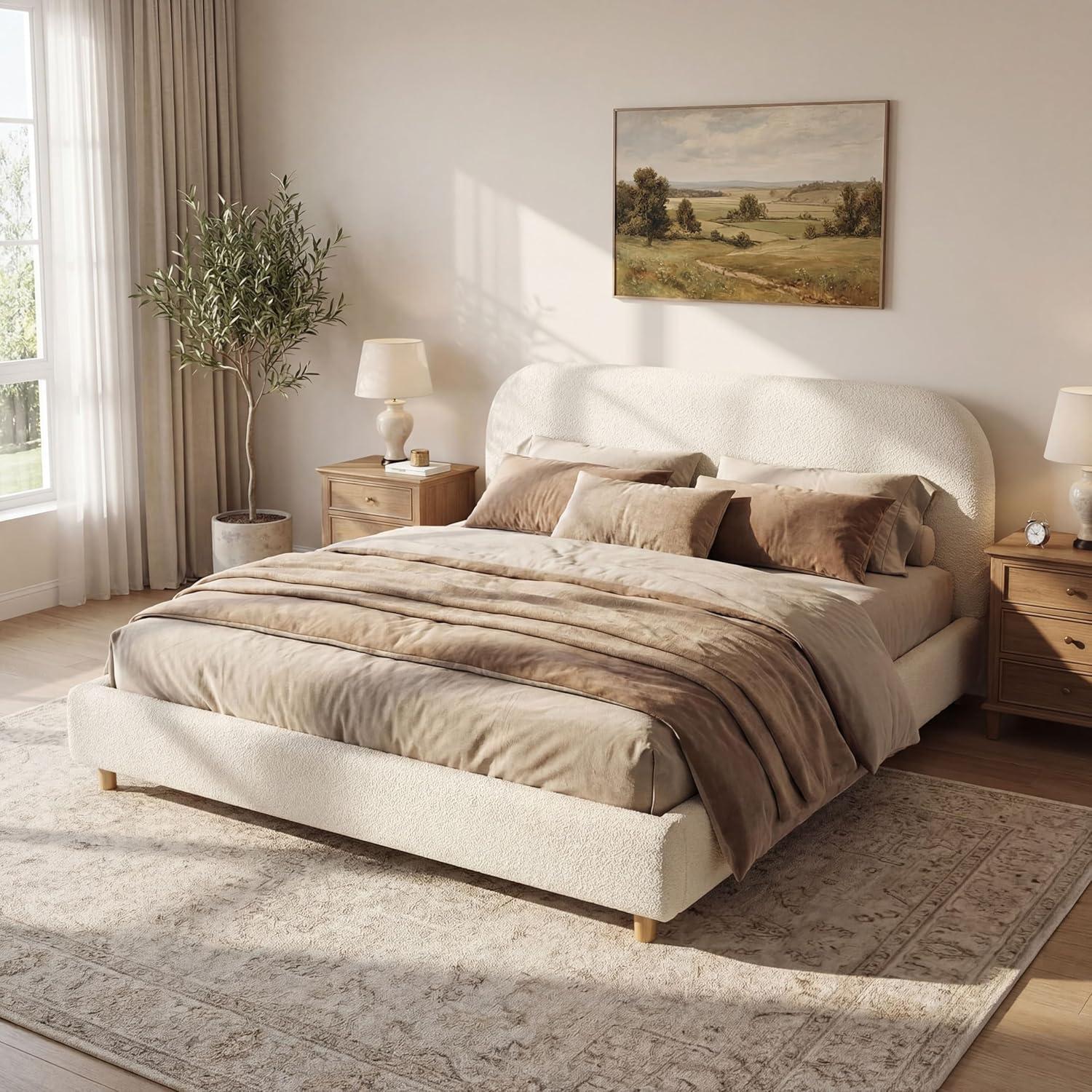image:imageChristopher Knight Home Queen Size Platform Bed Boucle Fabric Headborad and Bed Frame Upholstered CurveShaped Queen Headboard Wood Bedpost and Slat Wood Slats Panel Support Easy Assembly WhiteWhite