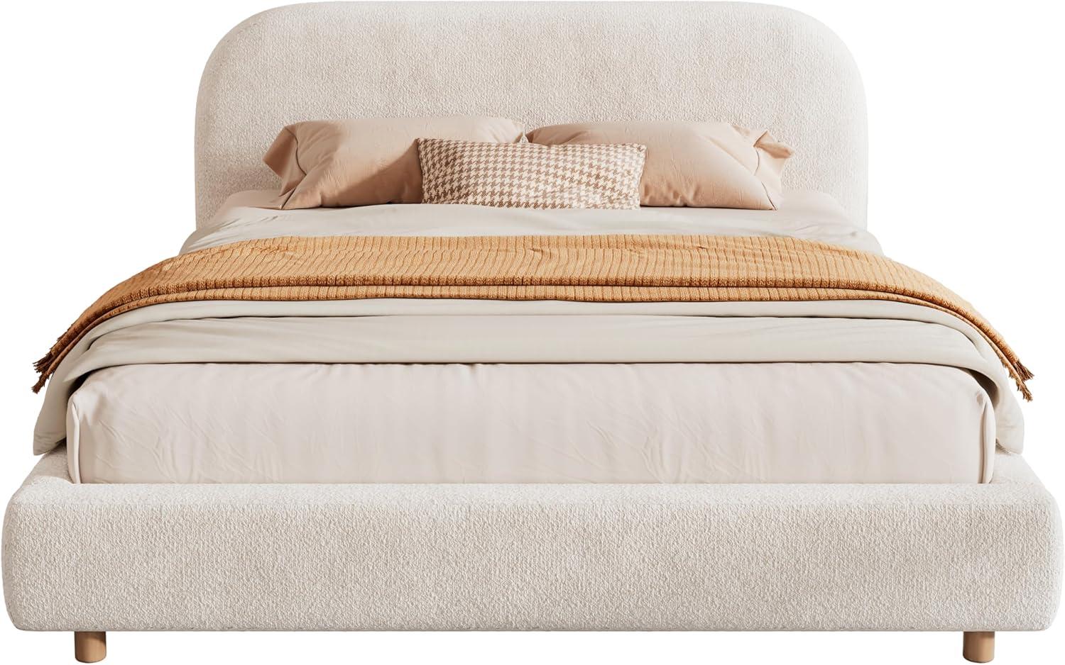 image:imageChristopher Knight Home Queen Size Platform Bed Boucle Fabric Headborad and Bed Frame Upholstered CurveShaped Queen Headboard Wood Bedpost and Slat Wood Slats Panel Support Easy Assembly WhiteWhite