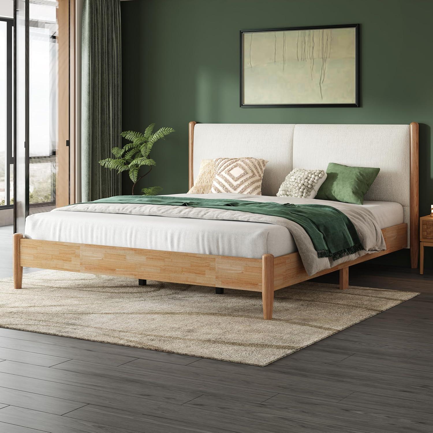 image:imageChristopher Knight Home Raven Modern California King Size Bed Frame with Upholstered Headboard Natural Wood California King Size Platform Bed Frame No Box Spring Needed Easy Assembly WhiteNatural