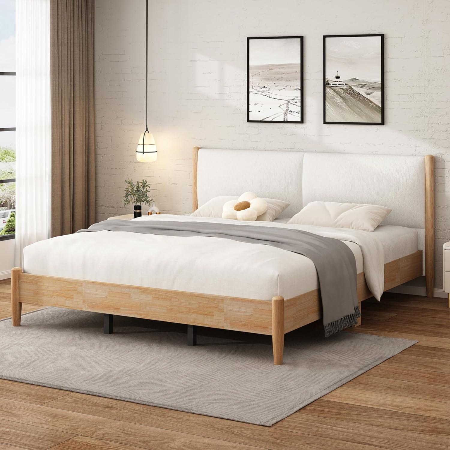 image:imageChristopher Knight Home Raven Modern California King Size Bed Frame with Upholstered Headboard Natural Wood California King Size Platform Bed Frame No Box Spring Needed Easy Assembly WhiteNatural