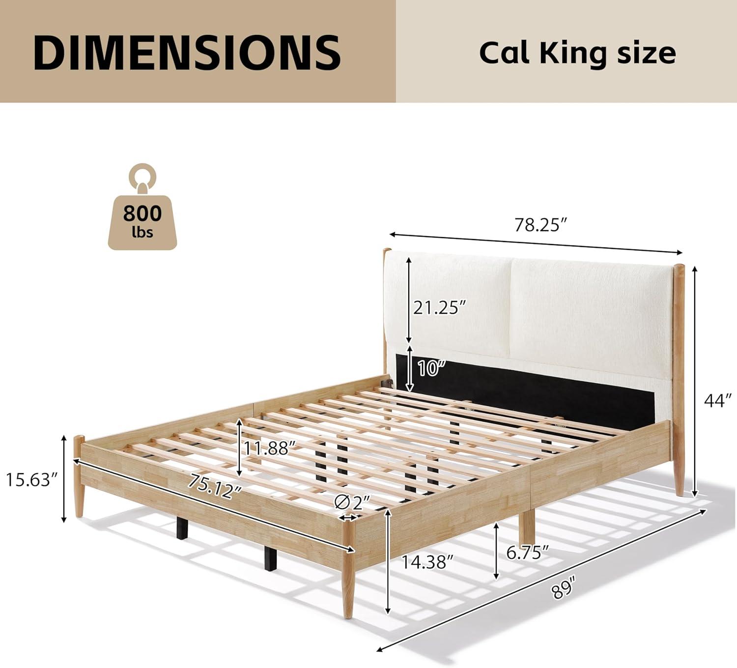 image:imageChristopher Knight Home Raven Modern California King Size Bed Frame with Upholstered Headboard Natural Wood California King Size Platform Bed Frame No Box Spring Needed Easy Assembly WhiteNatural