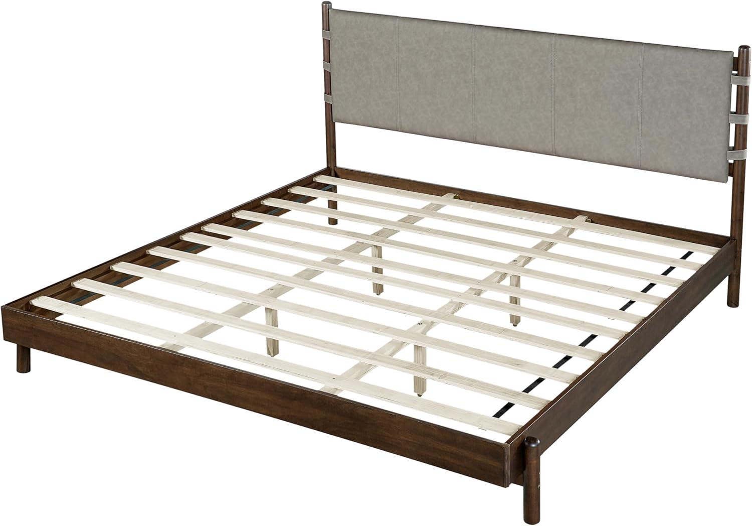 image:imageChristopher Knight Home Roach Mid Century Modern King Size Bed Frame Rubber Wood Platform Bed Frame with Headboard Easy Assembly No Box Spring Needed Upholstered Headboard Light Gray WalnutLight Gray Walnut