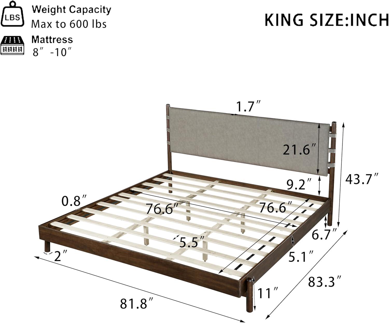 image:imageChristopher Knight Home Roach Mid Century Modern King Size Bed Frame Rubber Wood Platform Bed Frame with Headboard Easy Assembly No Box Spring Needed Upholstered Headboard Light Gray WalnutLight Gray Walnut