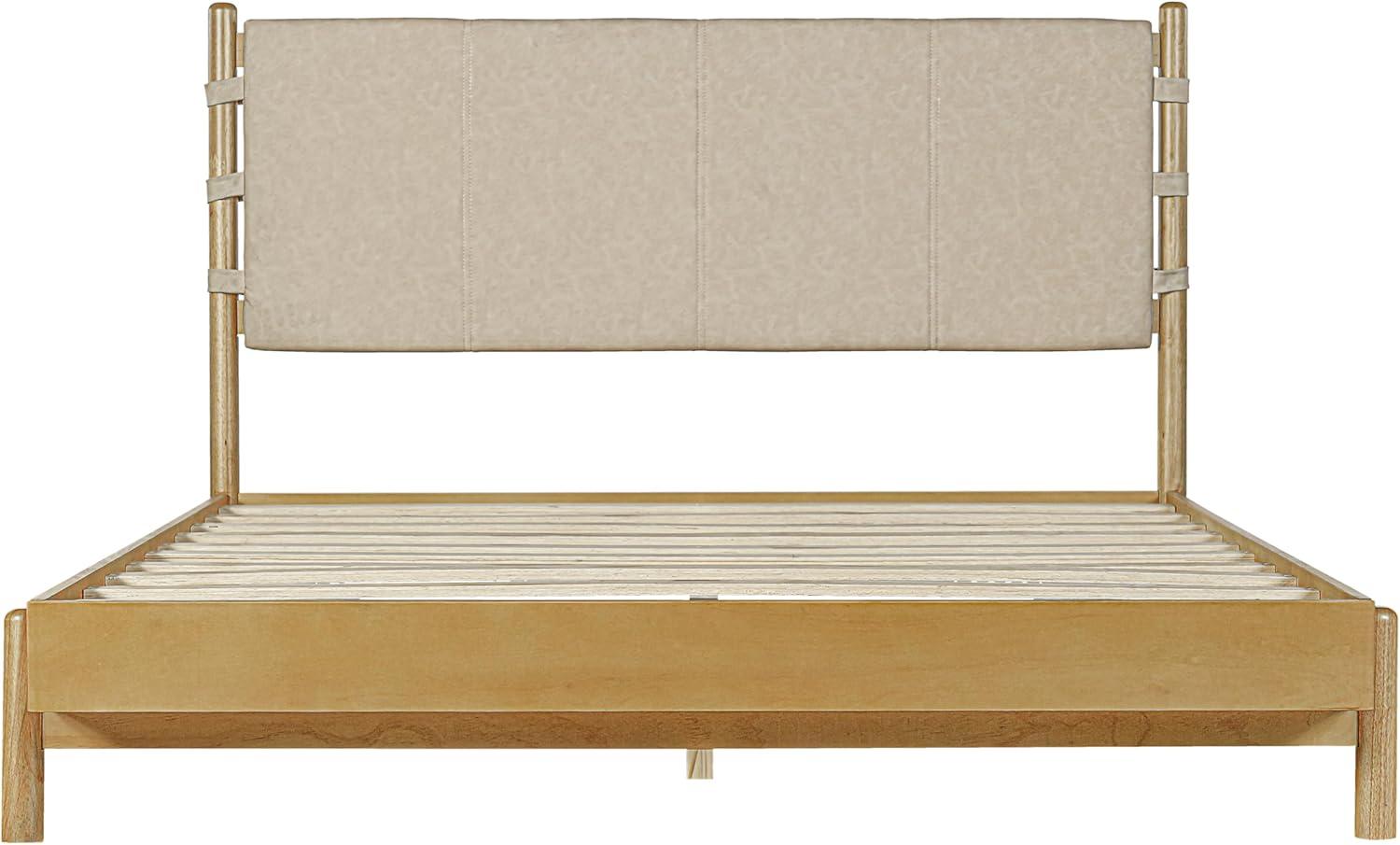 image:imageChristopher Knight Home Roach Mid Century Modern King Size Bed Frame Rubber Wood Platform Bed Frame with Headboard Easy Assembly No Box Spring Needed Upholstered Headboard Light Gray WalnutBeige Brown