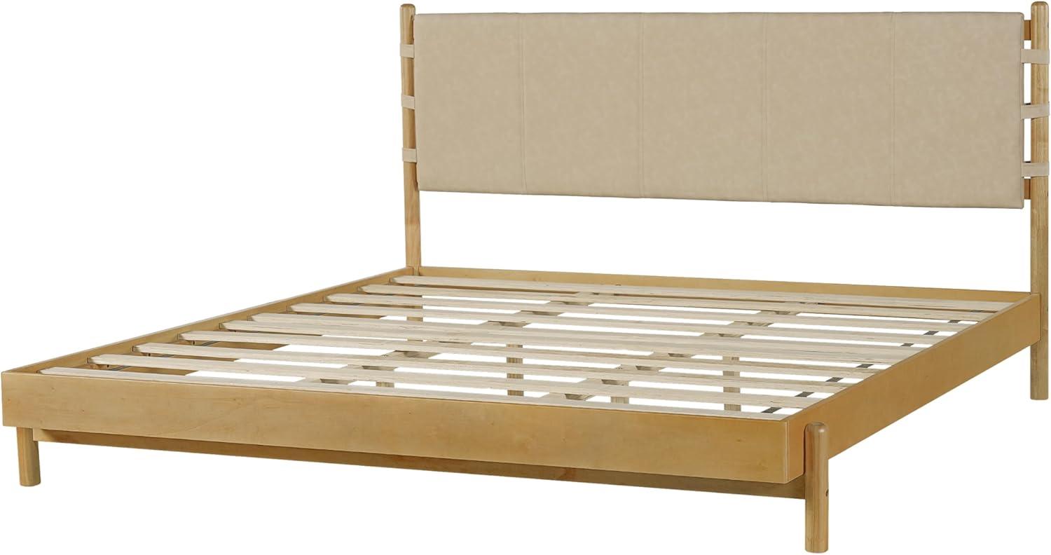 image:imageChristopher Knight Home Roach Mid Century Modern King Size Bed Frame Rubber Wood Platform Bed Frame with Headboard Easy Assembly No Box Spring Needed Upholstered Headboard Light Gray WalnutBeige Brown