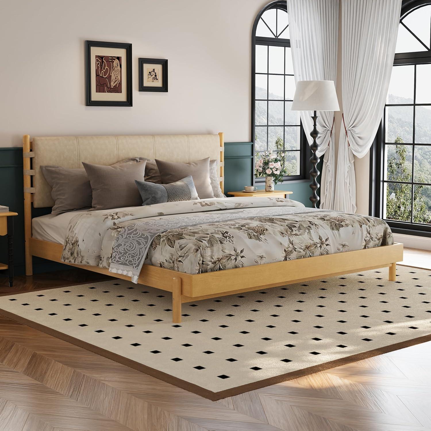 image:imageChristopher Knight Home Roach Mid Century Modern King Size Bed Frame Rubber Wood Platform Bed Frame with Headboard Easy Assembly No Box Spring Needed Upholstered Headboard Light Gray WalnutBeige Brown