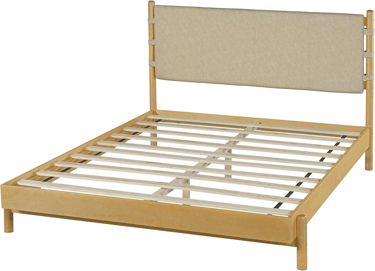 image:imageChristopher Knight Home Roach Mid Century Modern King Size Bed Frame Rubber Wood Platform Bed Frame with Headboard Easy Assembly No Box Spring Needed Upholstered Headboard Light Gray WalnutBeige Brown