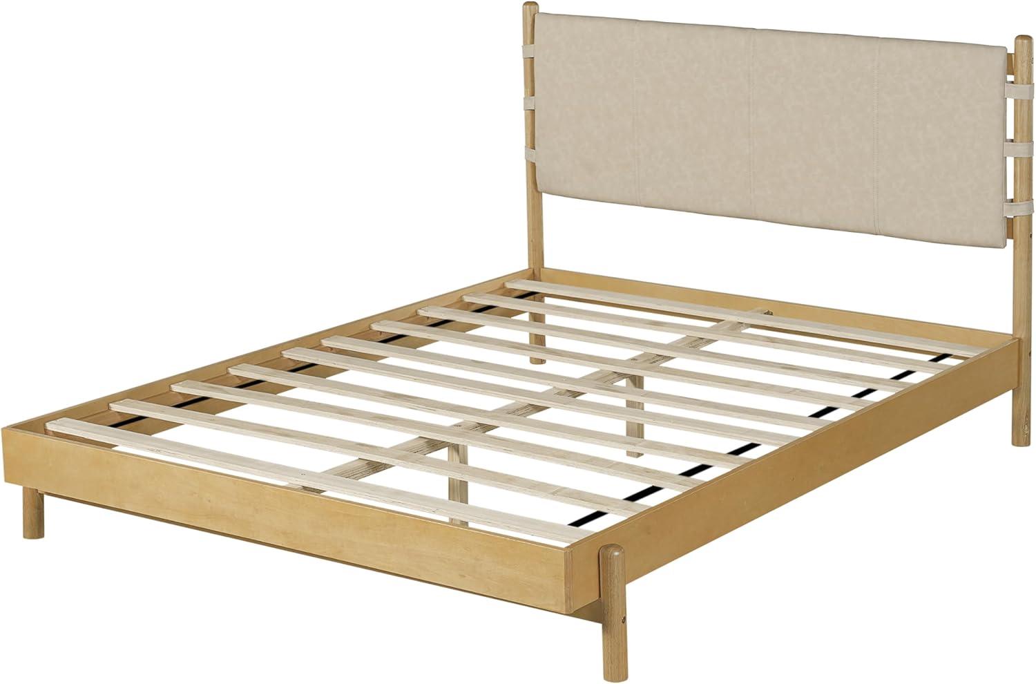 image:imageChristopher Knight Home Roach Mid Century Modern King Size Bed Frame Rubber Wood Platform Bed Frame with Headboard Easy Assembly No Box Spring Needed Upholstered Headboard Light Gray WalnutBeige Brown