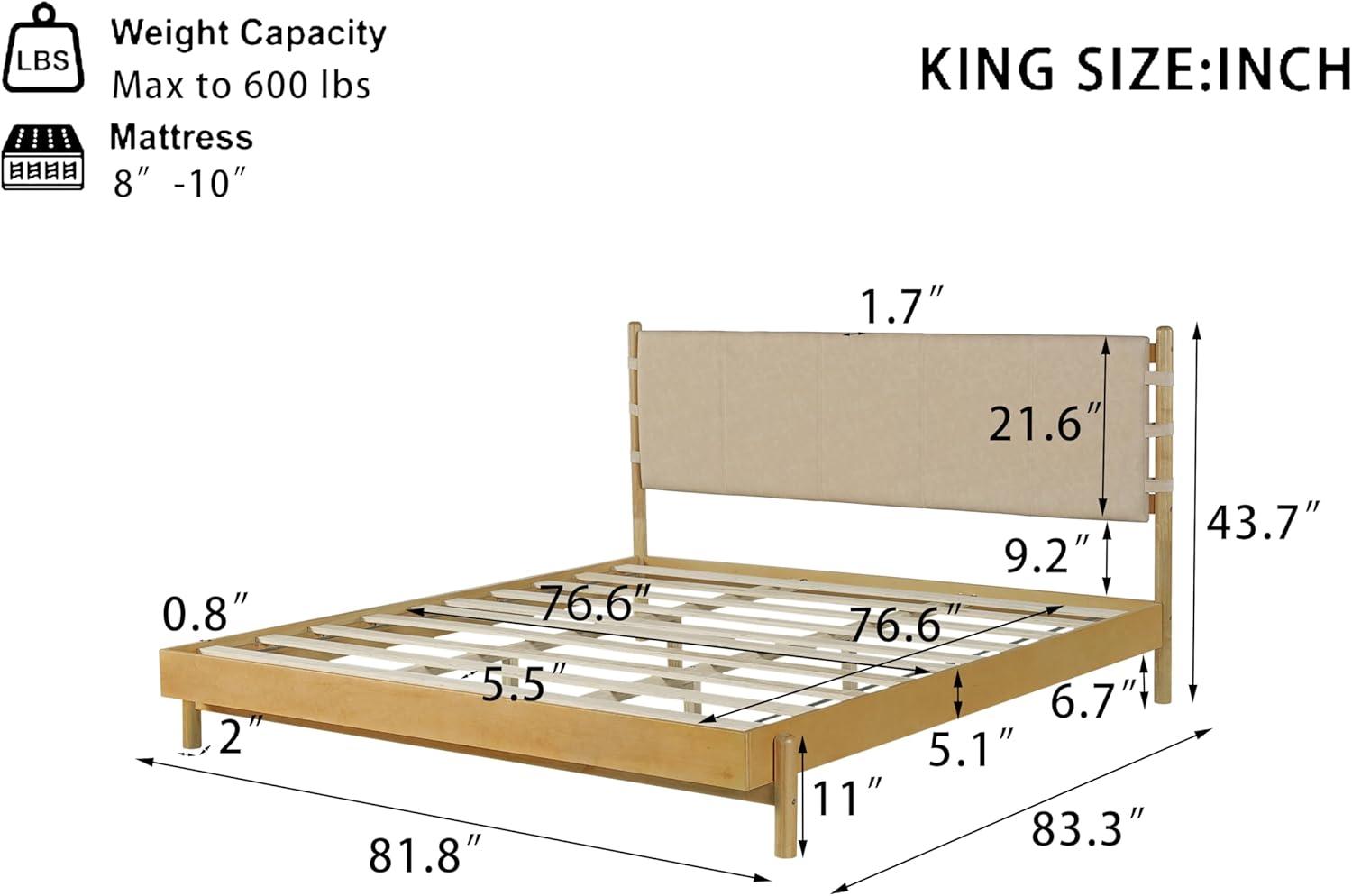image:imageChristopher Knight Home Roach Mid Century Modern King Size Bed Frame Rubber Wood Platform Bed Frame with Headboard Easy Assembly No Box Spring Needed Upholstered Headboard Light Gray WalnutBeige Brown