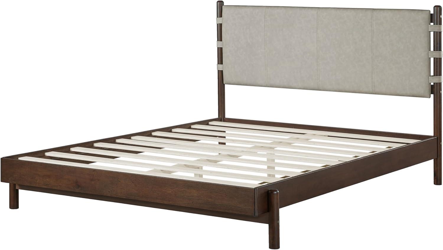 image:imageChristopher Knight Home Roach Mid Century Modern King Size Bed Frame Rubber Wood Platform Bed Frame with Headboard Easy Assembly No Box Spring Needed Upholstered Headboard Light Gray WalnutLight Gray Walnut