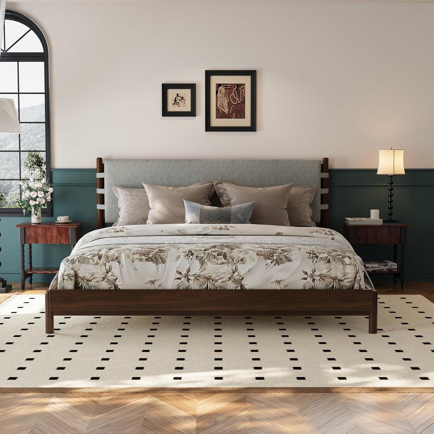 image:imageChristopher Knight Home Roach Mid Century Modern King Size Bed Frame Rubber Wood Platform Bed Frame with Headboard Easy Assembly No Box Spring Needed Upholstered Headboard Light Gray WalnutLight Gray Walnut