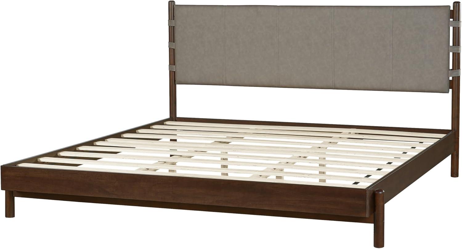 image:imageChristopher Knight Home Roach Mid Century Modern King Size Bed Frame Rubber Wood Platform Bed Frame with Headboard Easy Assembly No Box Spring Needed Upholstered Headboard Light Gray WalnutLight Gray Walnut