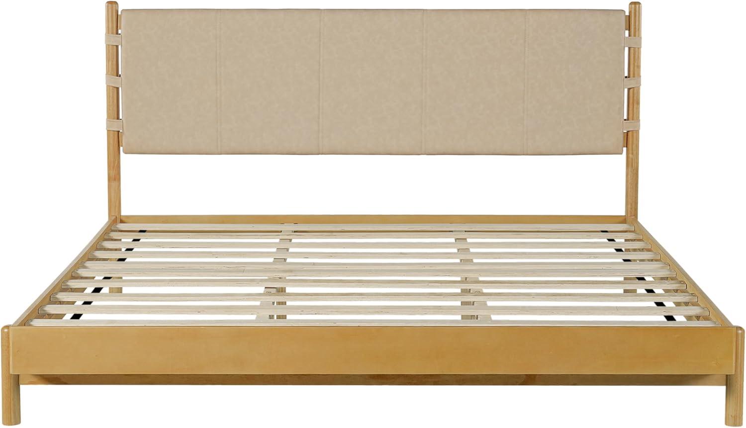image:imageChristopher Knight Home Roach Mid Century Modern King Size Bed Frame Rubber Wood Platform Bed Frame with Headboard Easy Assembly No Box Spring Needed Upholstered Headboard Light Gray WalnutBeige Brown
