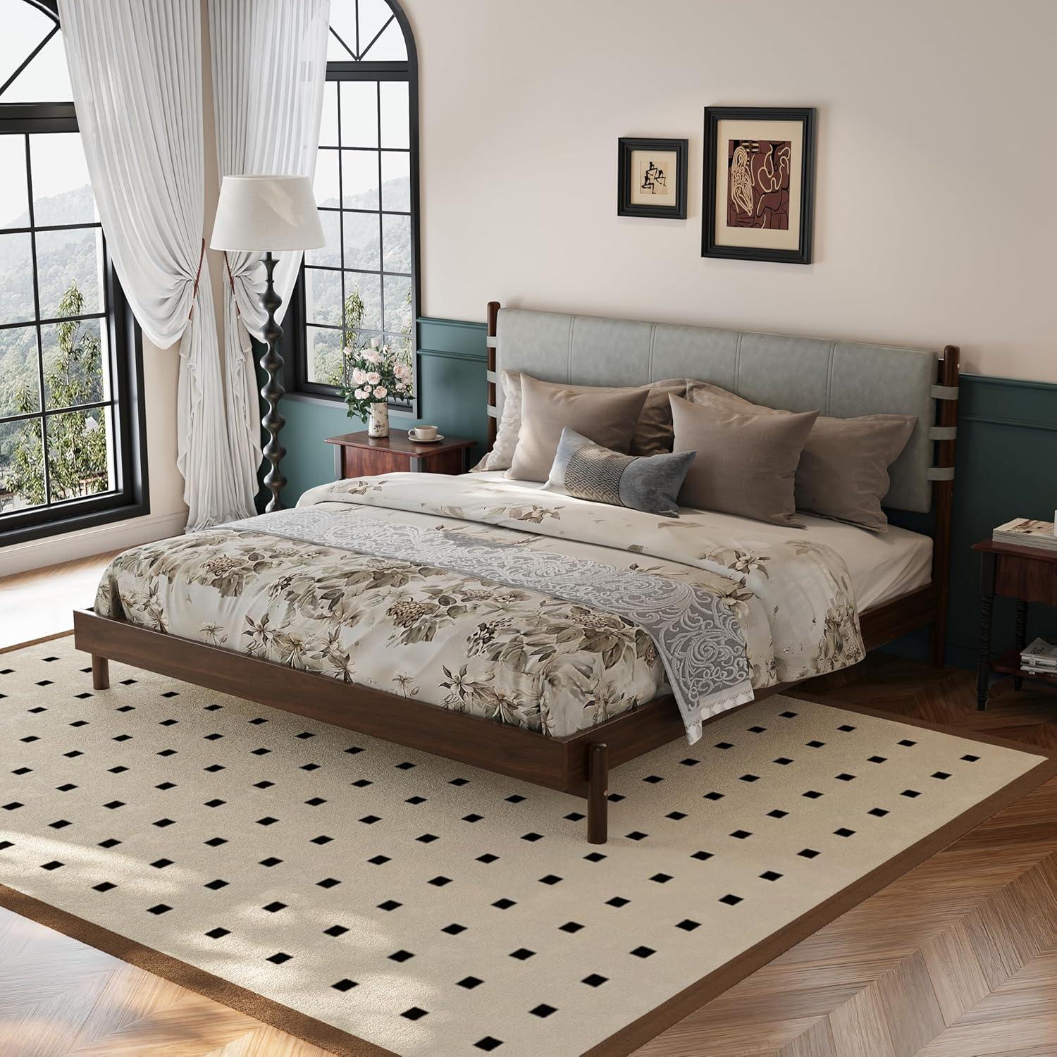 image:imageChristopher Knight Home Roach Mid Century Modern King Size Bed Frame Rubber Wood Platform Bed Frame with Headboard Easy Assembly No Box Spring Needed Upholstered Headboard Light Gray WalnutLight Gray Walnut