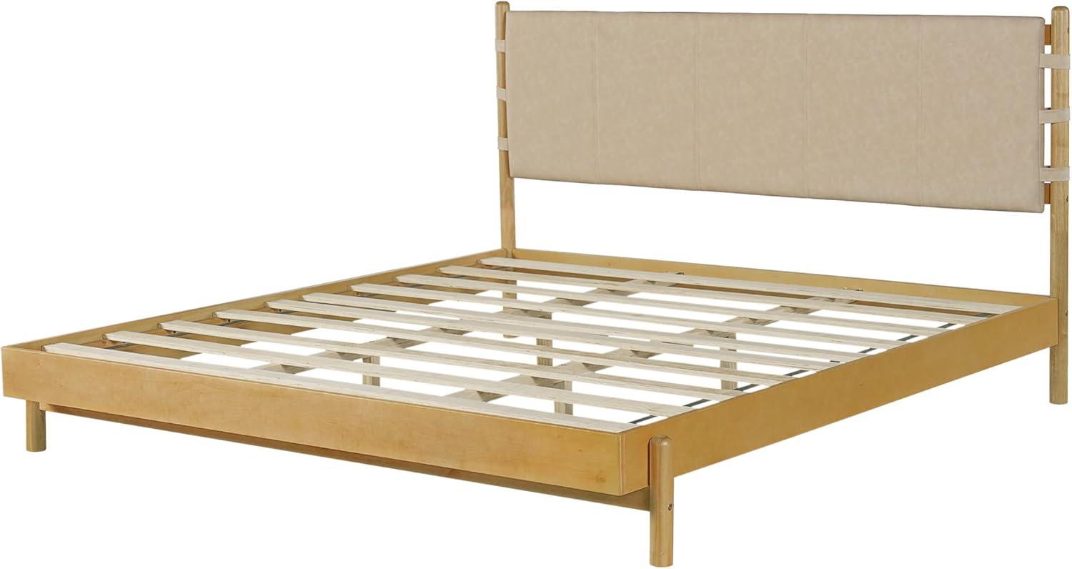 image:imageChristopher Knight Home Roach Mid Century Modern King Size Bed Frame Rubber Wood Platform Bed Frame with Headboard Easy Assembly No Box Spring Needed Upholstered Headboard Light Gray WalnutBeige Brown
