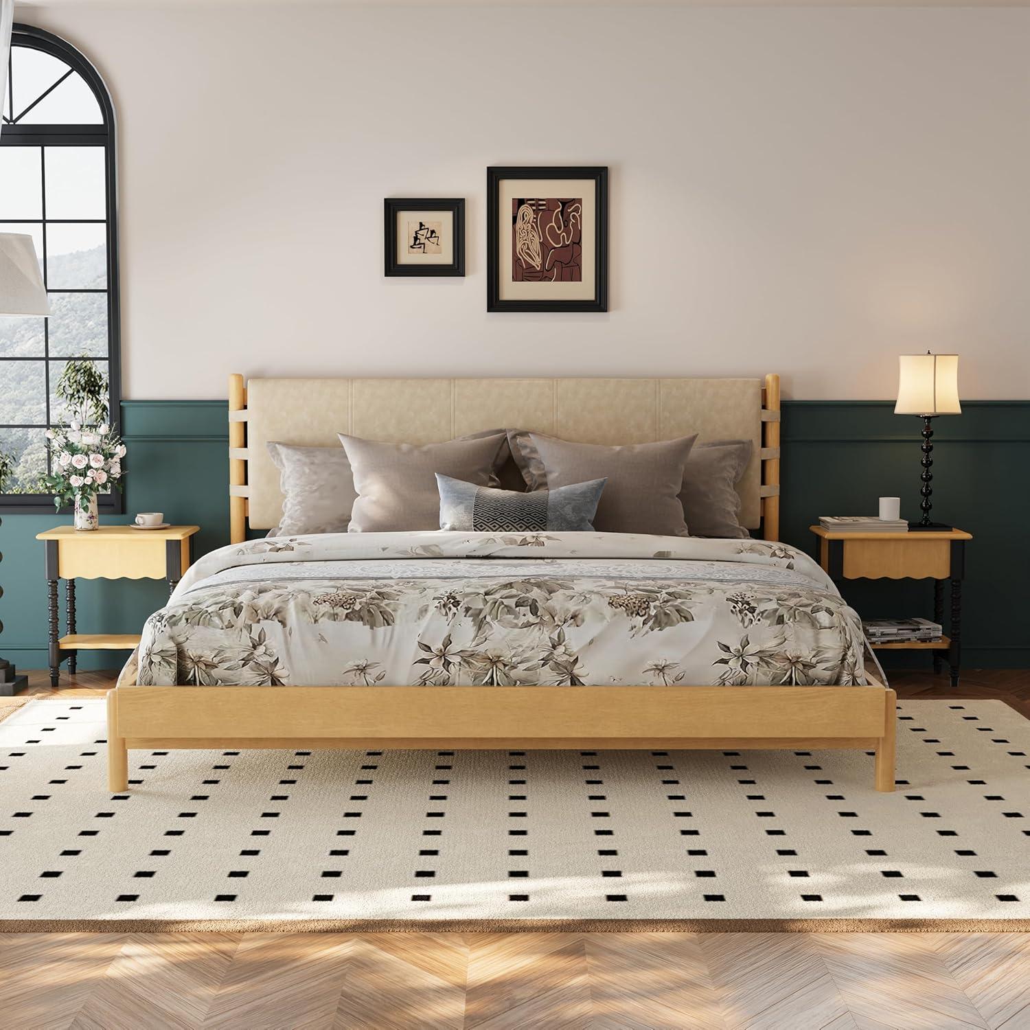 image:imageChristopher Knight Home Roach Mid Century Modern King Size Bed Frame Rubber Wood Platform Bed Frame with Headboard Easy Assembly No Box Spring Needed Upholstered Headboard Light Gray WalnutBeige Brown