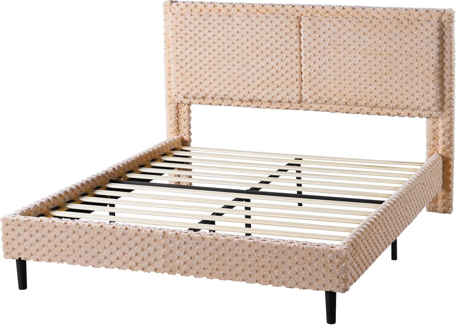 image:imageChristopher Knight Home Senna Modern Queen Bed Frame with Headboard Upholstered Plush Fabric Queen Platform Bed Frame Wooden Slats Panel Platform Support No Box Spring Needed Dark BeigeDark Beige