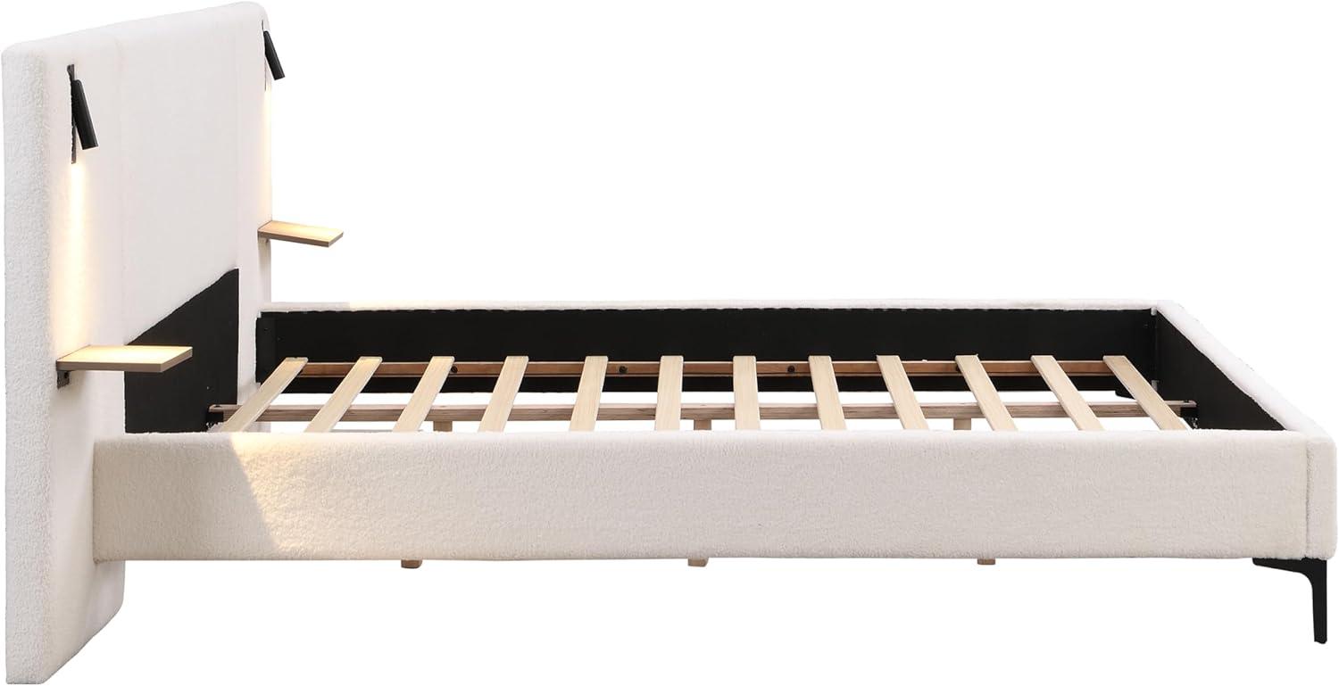 image:imageChristopher Knight Home Svant King Size Platform Bed Boucle Fabric Upholstered Headboard Bed Frame with Reading Lamps and Shelves Wooden Slats No Box Spring Needed WhiteWhite